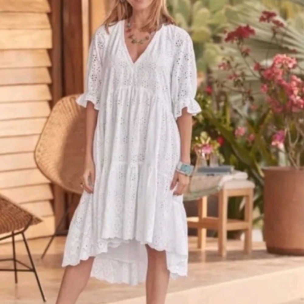 Sundance Jasmine White Eyelet Dress Womens Tiered Ruffle, lined beach boho XXL